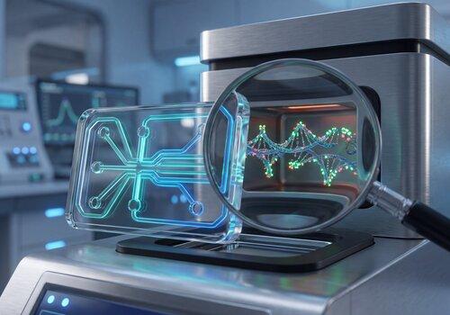 Installation de laboratoire de biotechnologie de pointe montrant une double hélice d'ADN sous grossissement, aux côtés d'une puce microfluidique futuriste. Illustre le génie génétique et la recherche scientifique.