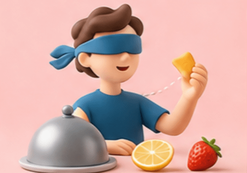 Illustration d'un enfant les yeux bandés et goute les aliments devant lui