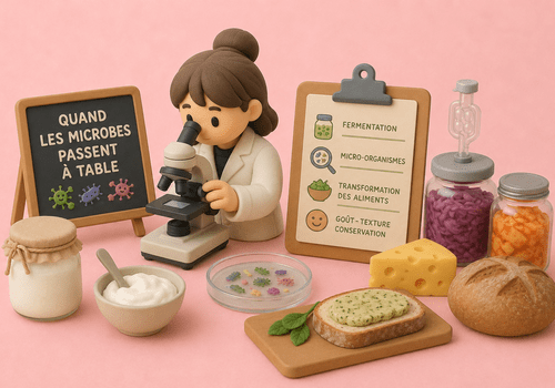 Illustration d'une femme observant au microscope avec des aliments autour d'elle