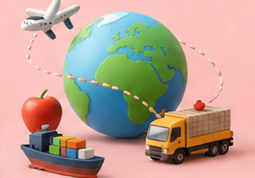 Illustration de la planète terre avec un avion, un camion et un paquebot qui font le tour du monde
