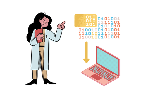 Femme scientifique montrant du doigts du code en binaire dont un flèche le rattache à un ordinateur portable rouge