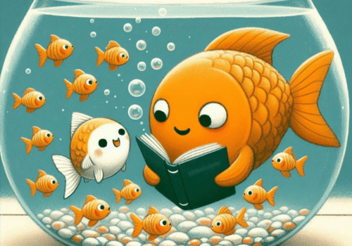 Plusieurs poissons oranges dans un bocal écoute une histoire racontée par un plus gros poisson orange tenant un livre.