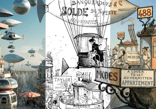 Dessins d'anticipation d'Albert Robida en vis-à-vis avec une image générée par l'I A