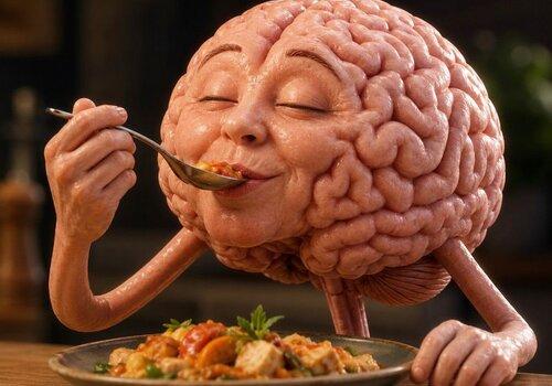 Un cerveau antropomorphisé se délectant d'un plateau de légume