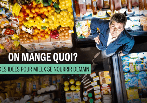 Affiche du film documentaire : on y voit le présentateur vue d'au dessus qui regarde en l'air. Il est dans un marché entouré de produits alimentaires.