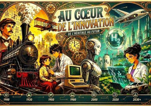 Des personnages et décors montrent différentes époques d'innovations 