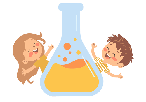 Une petite fille et un petit garçon heureux encadrent un grand tube à essais contenant un liquide jaune