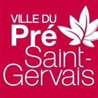 Est écrit "ville du Pré Saint Gervais" associé à une feuille stylisée, blancs sur fond rouge.