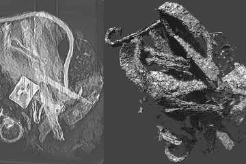A gauche cliché radiographique de l'amas et à droite reconstruction 3D