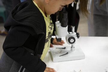 Enfant observant au microscope 