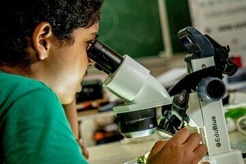 Un enfant regarde dans une loupe binoculaire