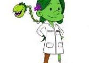 Illustration de la mascotte des Scientivores représentée par une petite fille en blouse avec sur son épaule une plante.