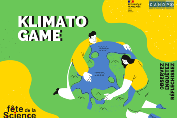 affiche avec titre klimato game et deux personnes autour de la Terre