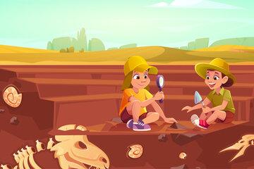 enfants-font-fouilles-dinosaures-fossiles-enfants-coiffes-chapeaux-jouent-aux-archeologues-aux-paleontologues-illustration