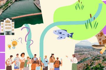 Illustration symbolique d'un groupe de personnes rejoint par deux cours d'eau, entourés d'images du Rhône et de la Saône
