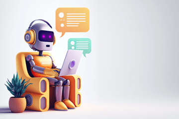 Un robot assis avec un ordinateur sur ses genoux qui discute en ligne