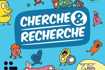 Illustration fond bleu avec personnages cartoonesques qui entourent l'inscription cherche et recherche