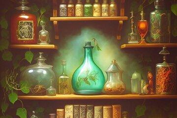 Illustration d'un cabinet d'apothicaire entouré de magie