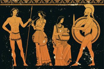 Dessin sur poterie de l'antiquité Grec ou l'on voi un homme avce une lance, une femme qui joue de la flute, une autre femme ui tien une jare et un homme portant un haume, un bouclier et une épée.