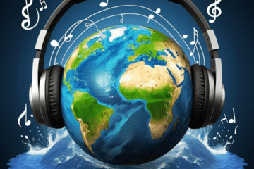 Terre avec un casque audio, entourée de notes de musique