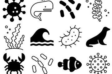 Icônes sur le thème de l'océan et de la microbiologie