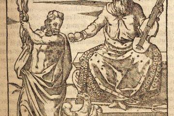 Gravure sur bois attribuée à Pierre Eskrich représentant deux images de Jupiter (publiée dans N. Conti, Mythologia, Lyon, 1612, p. 101)