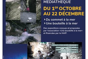 Expositions photographiques "Une bouteille à la mer" + "Du sommet à la mer" Affiche des expositions photos à la médiathèque du 01/10 au 22/12/2024