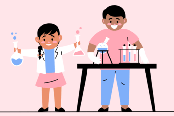 Infographie d'atelier de chimie avec un parent et un enfant.