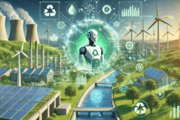 Illustration d'un robot géré par IA au milieu d'installations industrielles et écologiques (éoliennes, panneaux photovoltaïques etc...)