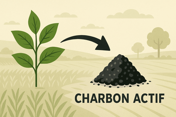 L'image illustre l’utilisation de la biomasse pour fabriquer du charbon actif. Une flèche relie le dessin d’une plante avec des feuilles à un petit tas de charbon actif. L’image est sur un fond représentant des champs cultivés.