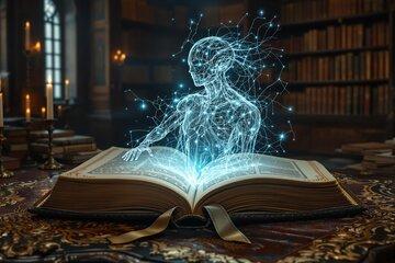 Un livre ancien est ouvert sur une table en bois. Une silhouette translucide humanoïde, évoquant l'IA, en émerge. En arrière-plan, se trouve une bibliothèque académique remplie de livres anciens.