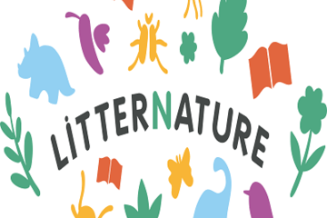 Logo de Litternature, entouré d'illustration relatif à la nature (plantes, animaux, dinosaures) et des livres