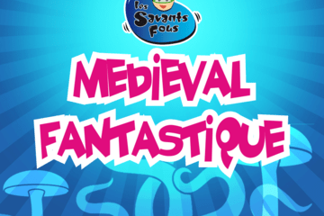 Logo de l'association des Savants fous avec écrit en rose : "Médiéval fantastique".