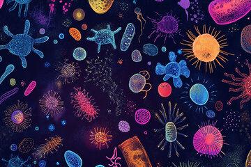 Microbes multicolores sur fond bleu marine