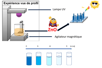 Image qui décrit l'expérience de dégradation d'un polluant bleu dans l'eau, dans laquelle plongent des nanofils de ZnO, en fonction du temps sous l'action de lumière UV.