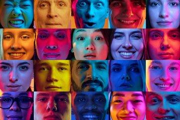 Collage made of close-up portraits of different people, men and women looking at camera over multicolored background in neon light. Concept of human emotions, youth, lifestyle, facial expression. By master1305 - AdobeStock