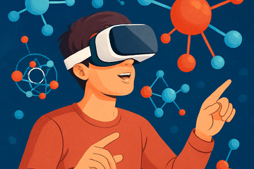 L'image présente un enfant équipé d'un casque de réalité virtuelle dans un environnement d'atomes et de molécules.