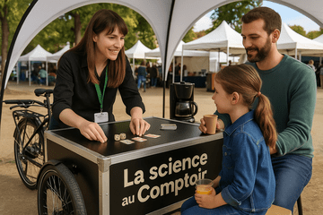 Une animatrice discute de science avec un public autour d'un comptoir mobile