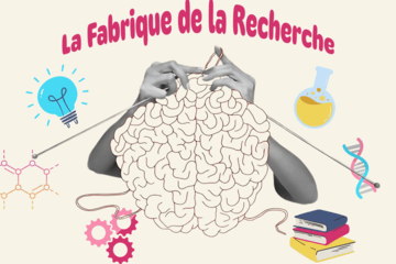 La fabrique de la recherche illustrée par le tricotage du cerveau avec des objets des sciences autour de ce cerveau en fabrication