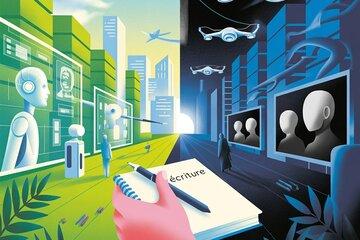 Dessin représentant à gauche une utpie et à droite une dystopie. Au centre, une personne tient un bloc note avec un stylo