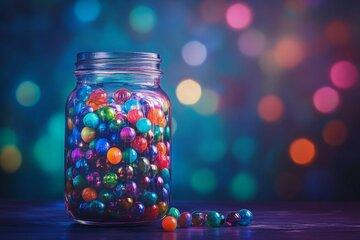 Colorful glass spheres in jar, bokeh background. By jambulart - AdobeStock Colorful glass spheres in jar, bokeh background. By jambulart - AdobeStock. Généré à l’aide de l’IA