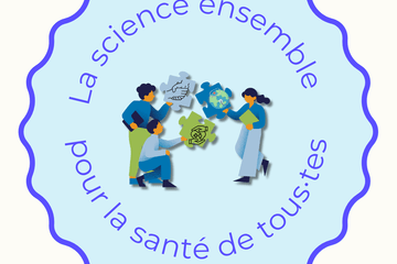 La science ensemble pour la santé de tous.tes : au sein du logo, des personnages reconstituent un puzzle