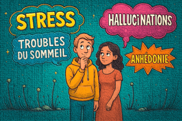 Soirée conférence et ateliers PsyR² Deux personnes entourées des mots STRESS, TROUBLES DU SOMMEIL, HALLUCINATIONS et ANHEDONIE