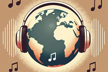 Terre avec un casque audio, entouré de notes de musique