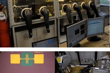A gauche : Des transistors organiques. Au milieu : une boîte à gants dans laquelle on fabrique les transistors. A droite : un microscope à force atomique avec lequel on étudie les transistors.