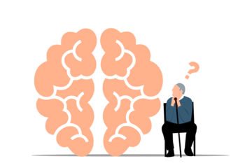 Illustration d'un vieil homme assis qui regarde l'air interrogateur un grand cerveau 