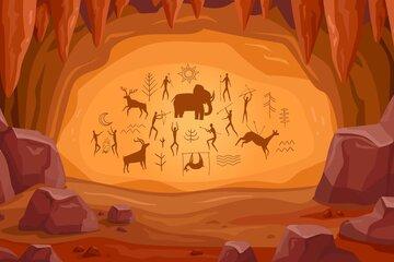 dessin représentant une paroi de grotte avec des dessins réalisés par des hommes préhistoriques