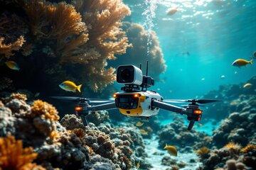 Ilustration d'un drone sous-marin avec caméra et capteurs, dans l'océan et entouré de poissons et coraux.