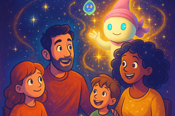 Une famille joyeuse partage un repas coloré, accompagnée de Milo, un personnage flottant et lumineux représentant le microbiote.