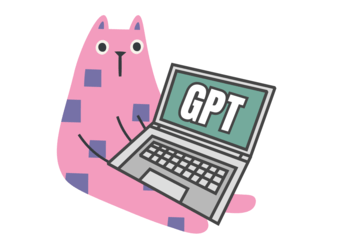 Chat rose tenant un ordinateur sur l'écran duquel est inscrit "GPT"
